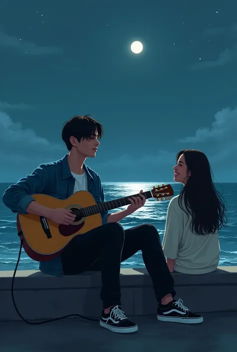 illustration of a man 184 cm tall,  holding an acoustic guitar by sitting staring at the ocean, xiaojun wayv face, short midi hairstyle ,  tiered legs ,  back are slightly wide, white t-shirt denim jacket black trousers, with vans shoes, side by side with ...