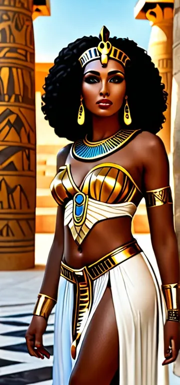  Afro-descendant and very beautiful brown woman , dressed as Egyptian queen ,  beautiful black woman dressed as Cleopatra very sensual .  She stands in the foreground inside an Egyptian temple 