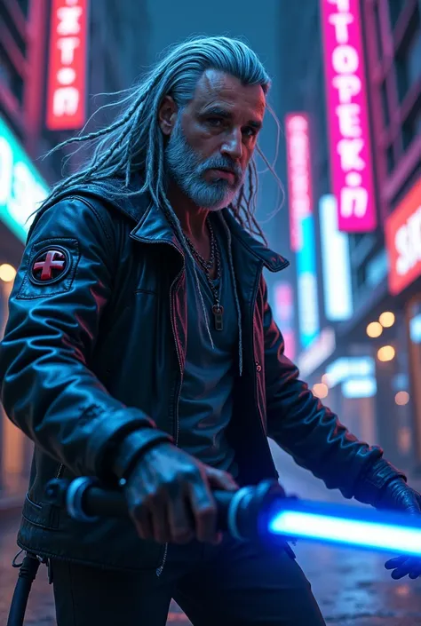 ((40 years old)), Meditech cyberpunk old man with long hairs, metallic braids in hair, bright colored eyes, neon leather jacket, rugged, scifi futuristic city, high quality image, cinematic lights, anime style, high contrast. Armed with dark blue laser kat...