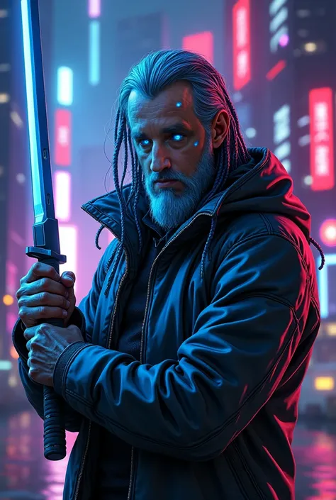 ((40 years old)), Meditech cyberpunk old man with long hairs, metallic braids in hair, bright colored eyes, neon leather jacket, rugged, scifi futuristic city, high quality image, cinematic lights, anime style, high contrast. Armed with dark blue laser kat...