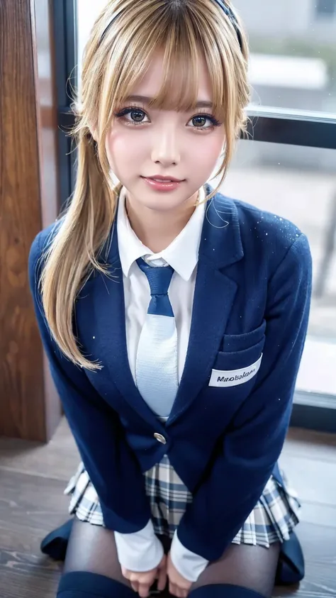 (( Masterpiece,  top quality,  high resolution,  super high heels)),  Japanese High School Girls,( is present:1.5)、 smiles、great face、 Closed Mouth、 sharp mouth、Glossy Lips 、 twin tails,(Beautiful blonde:1.5)、 High School Uniforms,( navy blue blazer, tie, ...