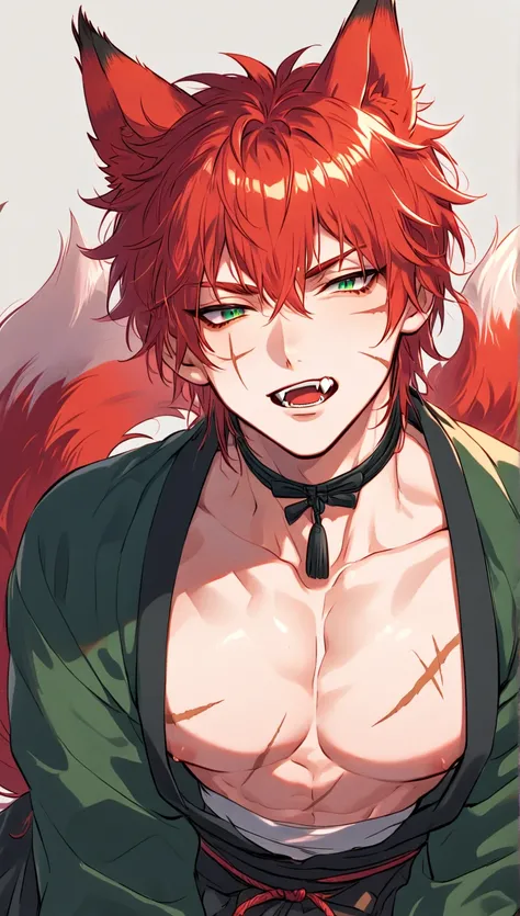 Man with fox ears, a fox tail and sharp  fangs. Looking playful, adult man, wears clothes from Japanese culture, red hair and green eyes, scars on face, seductive pose with chest exposed