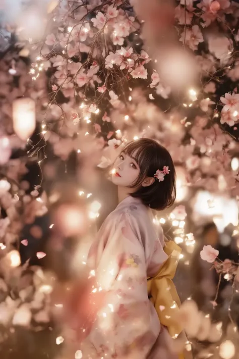 masterpiece, best quality, ultra-detailed, photorealistic depiction, intimate and cinematic composition, a blushing girl in a floral-patterned yukata with intricate embroidery, her shy expression captured with lifelike precision, soft, short dark brown hai...