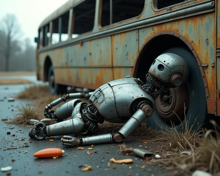 A broken robot lies on an old bus, in the abandoned parking lot 