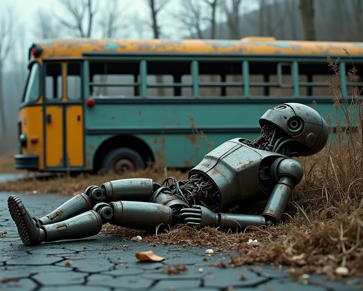 A broken robot lies on an old bus, in the abandoned parking lot 