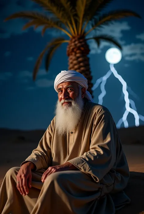 "An old, wise Arabic Muslim man with a long white beard and deep, kind eyes, clearly visible and facing the viewer. His expression is one of wisdom and serenity, wearing traditional Arabic attire. He sits under a large palm tree in the desert, with the ful...