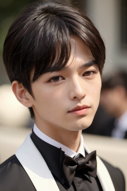 (( better quality)), (( masterpiece)), ( detailed),  a boy, Sensual medium short black hair half eyes brown with formal suit white leather