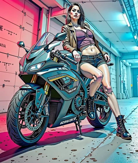 Create a colorful bold line vector illustration of  A striking scene featuring a confident woman in a cropped leather jacket and shorts, standing next to a sleek black motorcycle in an urban environment. The background is a dimly lit garage with colorful n...