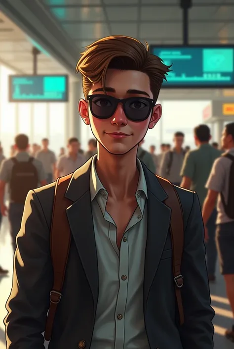 male gta character is a young man with brown hair sunglasses who has just arrived at the airport 