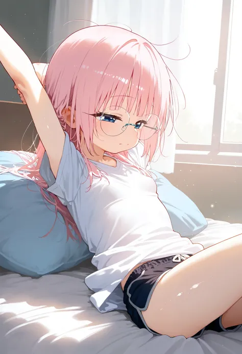 Waking up, stretching ,bed, lie down ,in heat face, rimless glasses ,crinkly eyes , very beautiful face ,loli,Loose fit White T-shirt ,plain shirt, shorts , Beautiful scenery, very beautiful profile, small breasts ,curvy, Shiny hair, light particles ,｛Elem...