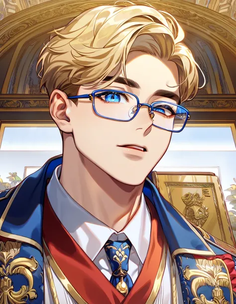 absurdres, highres, ultra detailed, HDR, master piece, best quality, Lim Haegyung, blonde cury short hair, expressive blue eyes, , 1man, handsome, British clothes, drink team,One eyes glasses