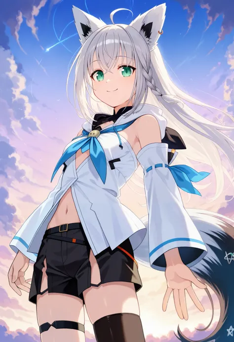  score_9,  score_6_ up the side,  source_ ANIME BREAK 1 GIRL, Alone, cowboy shot, ãã©ã¹ , null, cloud, Fubuki_ based,  white blouse,   Detached Sleeve,   make black shorts  ,  blue neckerchief,  thigh strap ,  single thigh high , Gray Hair, One side braid ...