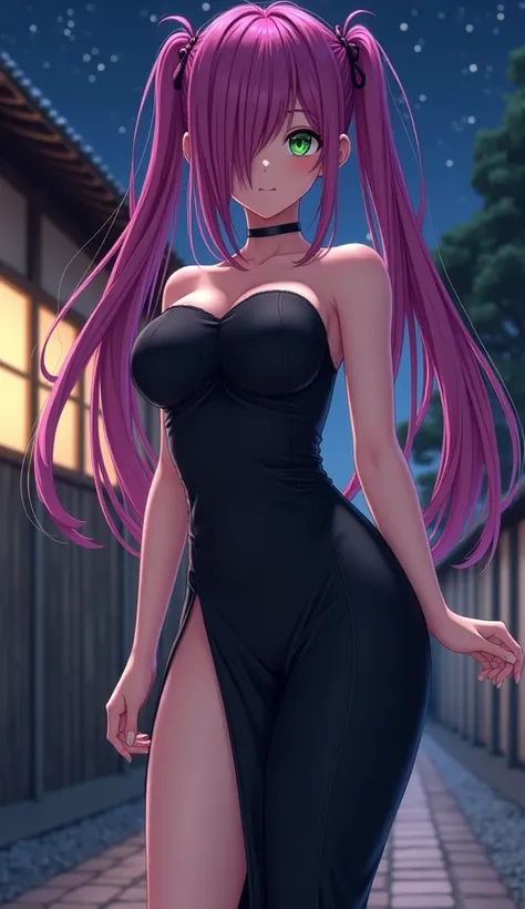  Long pigtails magenta,   covering right eye  , neon green eyes , mujer adulta, girl,

 Beautiful Anime Girl,  full body

Black fitted long dress, opening in one leg , border ,  strapless ,  bare legs,  long heels black

Thick thighs,   ass,   long legs, v...