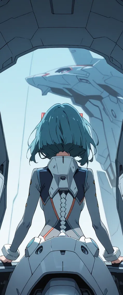 masterpiece, 1girl, beautiful woman, miku, piloting the franxx, from behind, inside the cockpit