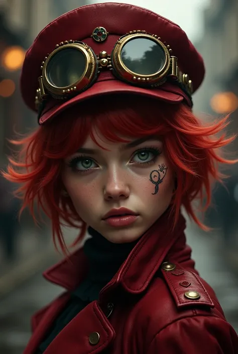 A young woman, light skin, bright green eyes, dark red hair styled in a wild bob, she wears a dark red hat in the steampunk style and elaborate, brass-colored goggles, a delicate tattoo on her face in an elegant pattern, her facial expression is serious an...