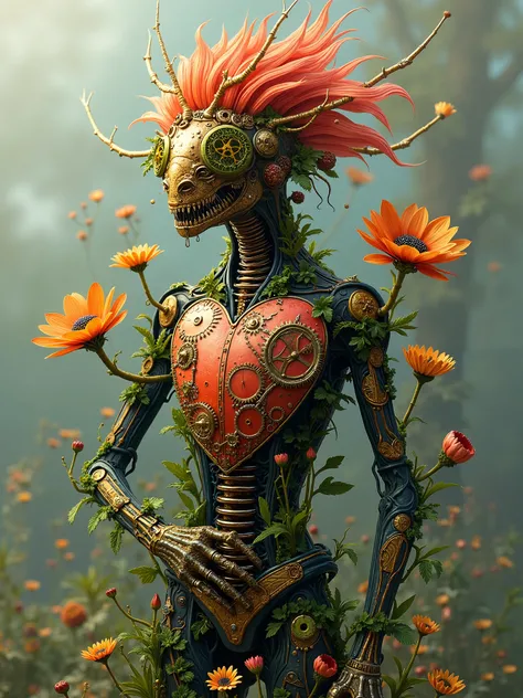 Explore the fusion of organic and mechanical elements. Imagine creatures with clockwork hearts and flora that blooms with gears and springs. The AI should be able to create seamless blends between these contrasting elements.