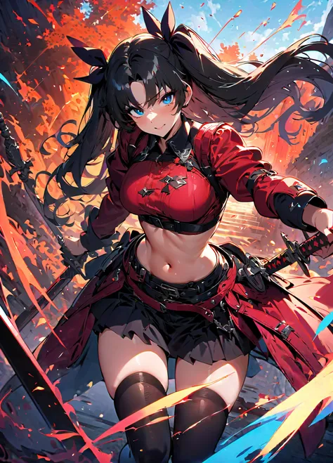 1girl, solo, rin tohsaka\(fate\), long hair, weapon, sword, thighhighs, two side up, kanshou & bakuya \(fate\), planted, blue eyes, black thighhighs, planted sword, midriff, cosplay, dual wielding, black hair, hair ribbon, ribbon, holding, 
(masterpiece), ...