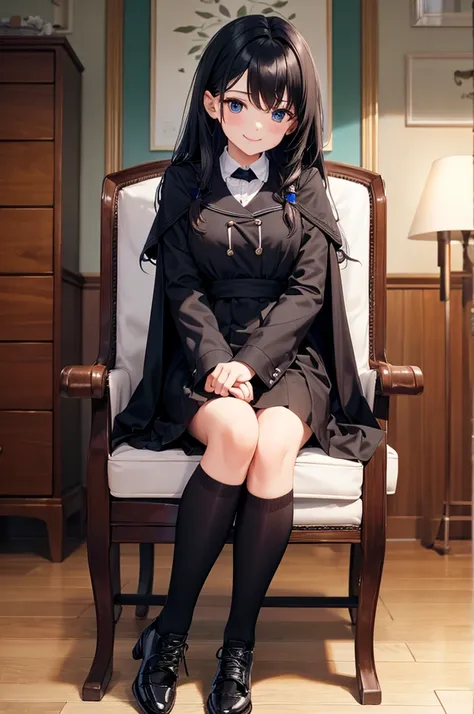 High image quality, high resolution, smooth gradation, vivid colors, a black cloak, a black student uniform, black stockings, black lace-up shoes, black hair, a high school girl, A girl sits on a chair in front of a dresser, holding lipstick to her mouth a...