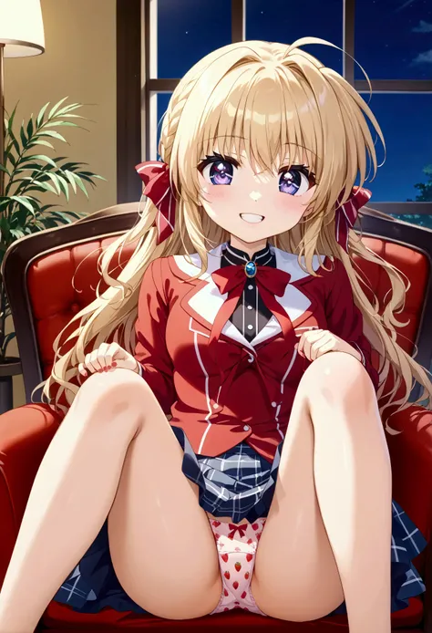  1 girl、cute anime style 、 beautifully detailed eyes 、 Beautifully Detailed Lips 、 very detailed face、 long eyelashes、Cute outfits、Slender legs and thighs  (1.4)、 red ribbon、I can see a glimpse of strawberry panties from inside the skirt (1.5)、Sit with one...