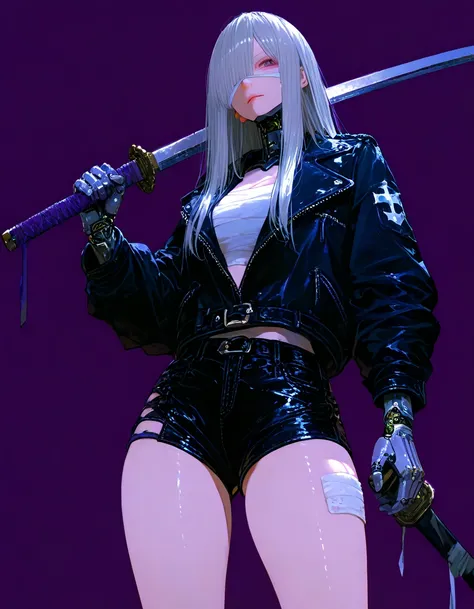  8k wallpaper、  Masterpiece、最   high quality 、   high quality 、   high detail、、   so aesthetic ,   absurd,   latest,  female 1 person、  gray hair 、   long hair、 leather shorts holding a sword in one hand ,  LEATHER JACKET、目にbandage、  bandage  、  thighs   、...