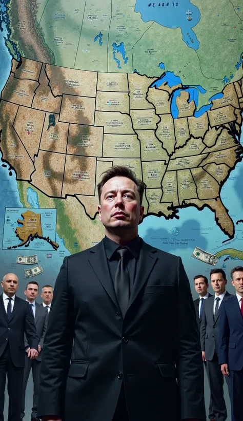 An AI generated Map of USA then add the image of Elon Musk also add few officials in background in background add dollars 