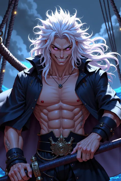 Young man with white hair and purple eyes, As Suigetsu Hozuki, in realistic style,  shirtless, on a pirate ship, with an evil smile and sharp teeth like those of a shark anatomicamente correto e segurando uma espada quebrada