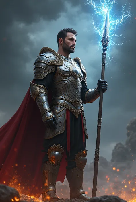 Handsome gentleman in armor wielding a spear wrapped in electricity