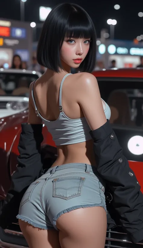 Chinese girl, athletic body, light blue eyes, black hair, short modern haircut, wearing casual shorts made of light fabric and a short top with a neckline, with a jacket falling over her shoulders, big attractive thighs, on her back in a sexy pose, at nigh...