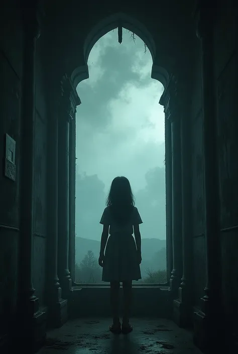 Image of a mysterious window in a gloomy environment with a silhouette of a girl 