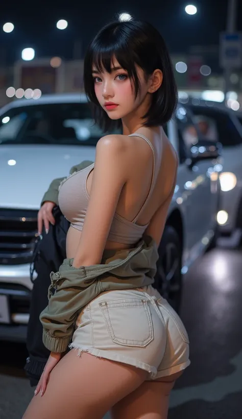 Chinese girl, athletic body, light blue eyes, black hair, short modern haircut, wearing casual shorts made of light fabric and a short top with a neckline, with a jacket falling over her shoulders, big attractive thighs, on her back in a sexy pose, at nigh...