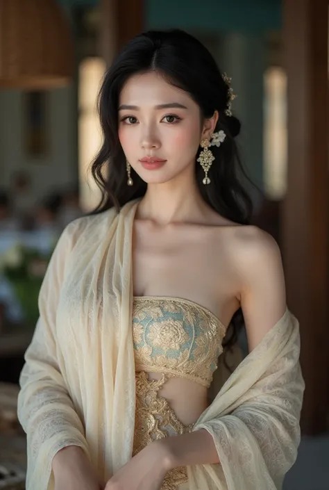 (RAW Photos:1.2), ( Masterpiece:1.3), (  best quality:1.4),  High-heeled Shoes  , ( Fine Eyes), (  Detailed facial features  ), ( Details, features of clothing), HDR,  8k resolution , Focus only,  Dress in Thai Tradition ,  traditional shawl , 1 woman , Be...