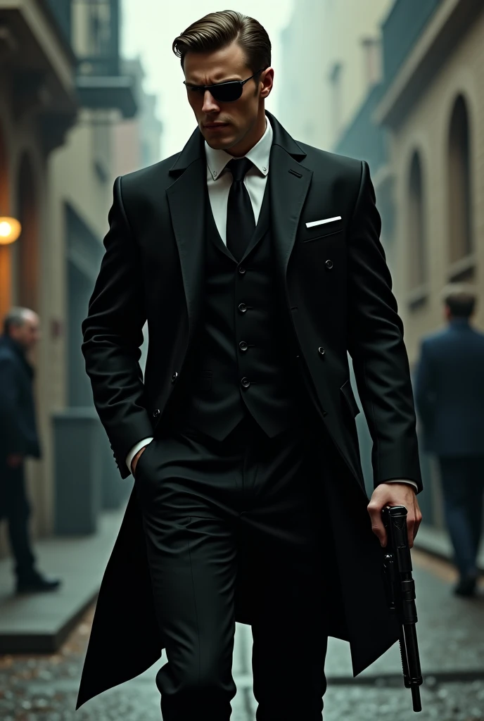 Handsome killer in a black suit and eye patch using a gun with a silencer