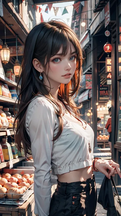 Photorealistic photo of a young ginger-haired woman pensive in an old Thai market,  soft smile , art：midjorney, Luminism,  The Ultimate Complex Contrast of Shadow and Light, An award-winning IPA, Artistic Lens, Warm colors, art： Tim Burton 