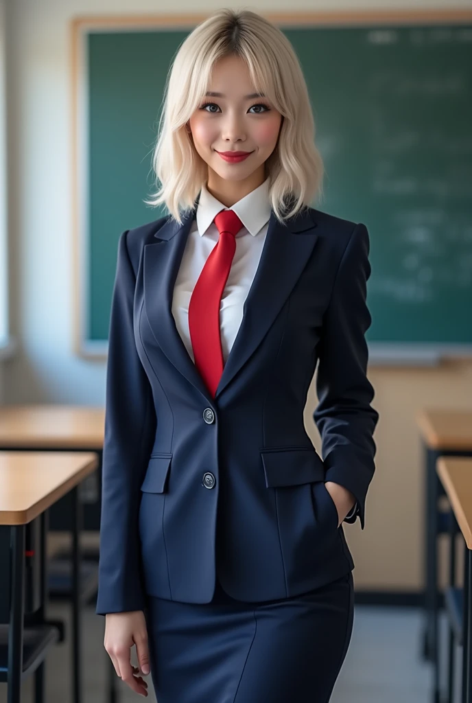 masterpiece、 top quality 、8ｋ、 very detailed、  perfect anatomy 、  realistic photo style  、sexy female teacher、Women's solo 、Turn your eyes,  beauty 、Cool  beauty 、(  wearing black knee-length stockings :1.2)、  girl wearing red loop ties  、( blue symmetrical...