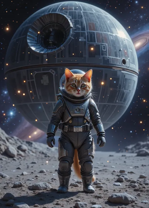 Cat standing on the Death Star 、 poses in a spacesuit、The background is the galaxy