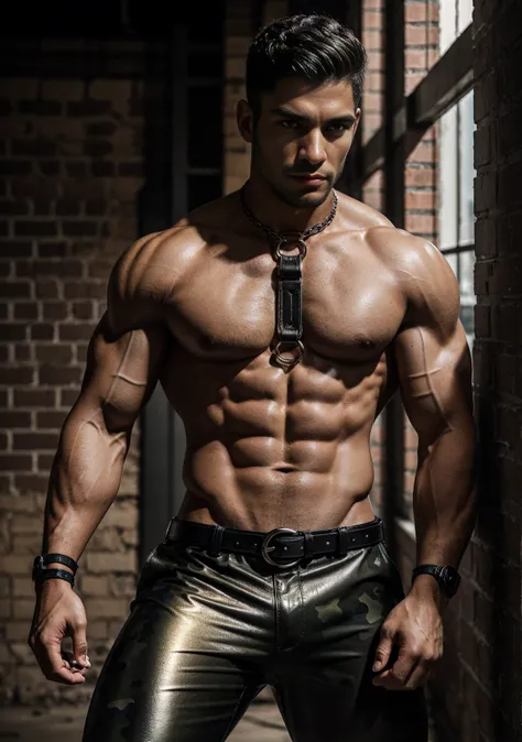 A hyper-realistic, cinematic portrait of a muscular male mixed ethnicity race with a ((darker skin1.0)),  model with a perfectly sculpted physique, featuring well-defined abs, broad shoulders, and vascular arms. He wears a stylish black leather harness cro...