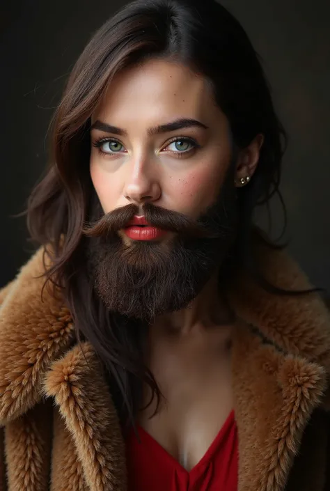 intricate detailed portrait of a brunette woman with a lush full soft beard, hyperrealistic, intricate detailed facial features, beautiful eyes, beautiful make-up done with foundation and red lips, long eyelashes, soft lips, flawless skin, elegant expressi...