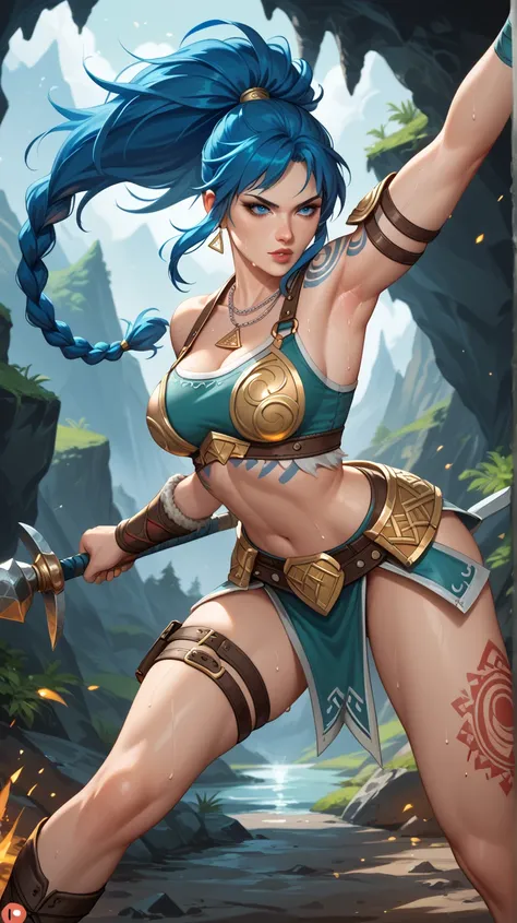 Sexy leona heidern,  blue eyes,  long hair,  dark blue hair , Braids in the hair, ponytail,  triangle earrings, thor hammer necklace,  very sexy Valkyrie armor,  Thigh strap, Viking Tattoos,  Viking Tattoos en su abdomen, Viking Tattoos en los muslos,  Fig...