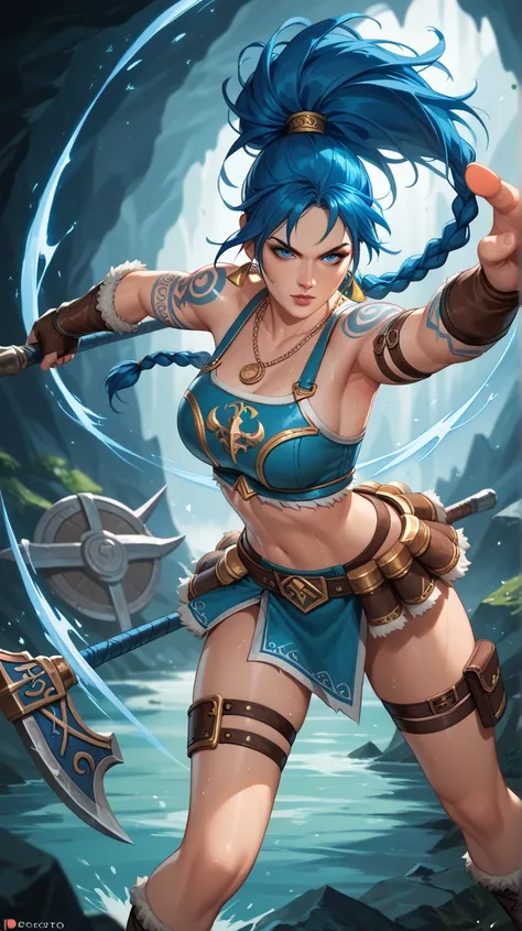 Sexy leona heidern,  blue eyes,  long hair,  dark blue hair , Braids in the hair, ponytail,  triangle earrings, thor hammer necklace,  very sexy Valkyrie armor,  Thigh strap, Viking Tattoos,  Viking Tattoos en su abdomen, Viking Tattoos en los muslos,  Fig...