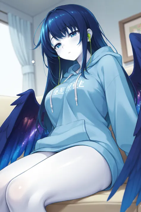  beautiful breasts、woman、 LONG FEATHER KITTEN、 Galaxy Wings  、   long dark blue hair、 eyes are blue like deep sea  、zitoida   、      HD  、 Super Fine、、   white skin、 living room 、meal、Straight face、、 loose hoodie 、Waking up、Earphones、 best thighs、Bedhead