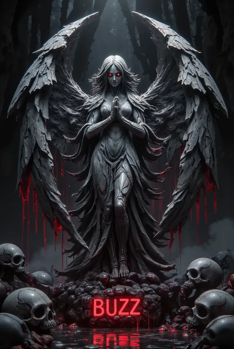 UHD, masterpieces, stone statue of a beautiful angel praying with her hands folded standing smiling evilly and her beautiful large wings outstretched, with a lot of red liquid flowing from her eyes, horror mood.deep dark forest with no lights at all, black...