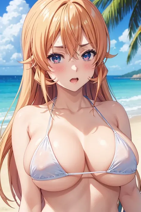  upper body, anime,  cute,  in ultra high quality, 8k, High resolution face, super beautiful,  Beautiful Eyes,  from the front,  top quality, sex appeal, Big Breasts,  high school girl,  micro bikini,  open your mouth,  beach, So cute, Fleshy breasts, High...