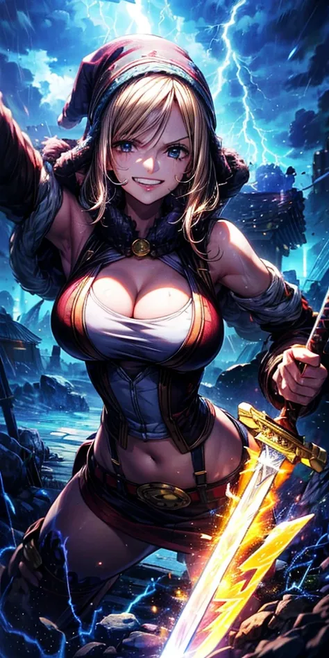 (最高 Masterpiece,  top quality, 4K, 8k,  high resolution, Masterpiece:1.2), One Piece Jewelry Bonnie,smile, big breasts,( paladin),Miracle,Power Spot, fantastic world, White Light Spot,(Insist on the Holy Sword), She's on an adventure to defeat the demon ki...