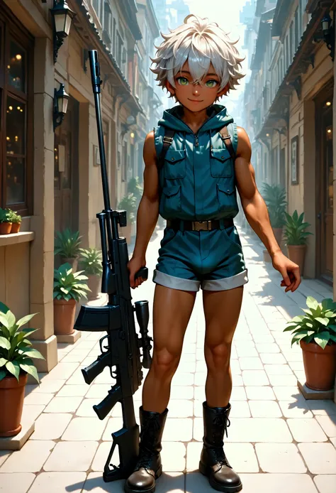 1boy, shota, muscular, dark copper tan skin, solo, silver hair, short messy hair, red streaked, (white sleeveless jacket with pocket:1.5), body belt, short pants, green eyes, plant cyberpunked rifle on the ground, city street, lower buildings, standing on ...