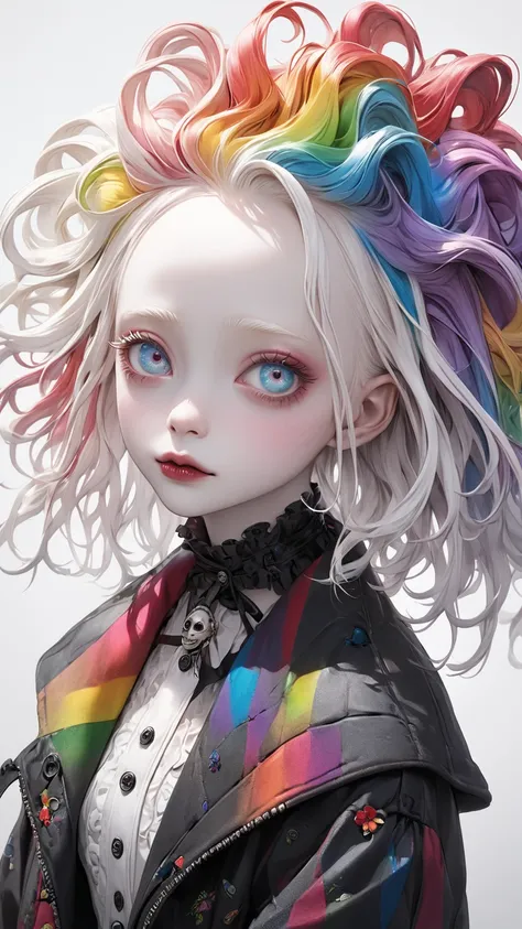 Tim Burton style、albino, extremely realistic 、rainbow color 、