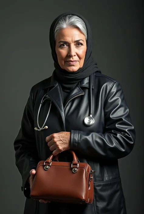 sexy arab female doctor wearing leather coat and leather hijab, stethoscope around her neck, looking at camera with a serious expression, holding large leather handbag, 65 years old, voluptuous, tall, well built, dominatrix, grey hair, close up image 