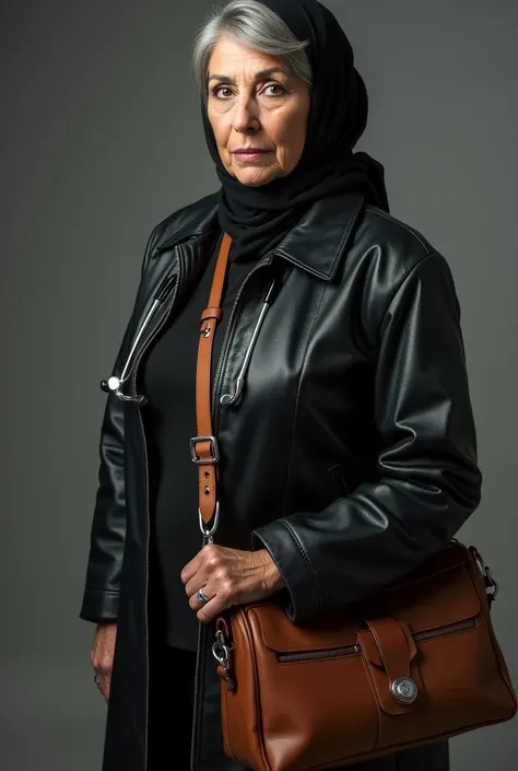 sexy arab female doctor wearing leather coat and leather hijab, stethoscope around her neck, looking at camera with a serious expression, holding large leather handbag, 65 years old, voluptuous, tall, well built, dominatrix, grey hair, close up image 