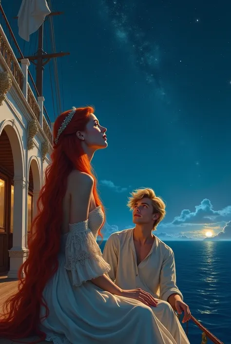 Rose a nice girl with long red hair is sitting in a big ship looking to stars in blue sky at a vey nice night and a you boy is staring at her with blond hair 