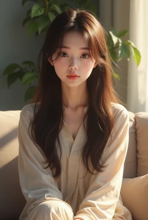 28 years old, female, long straight hair, very realistic, korean woman, big eyes, very cute, room with sofa, brown hair, no bangs, natural expression