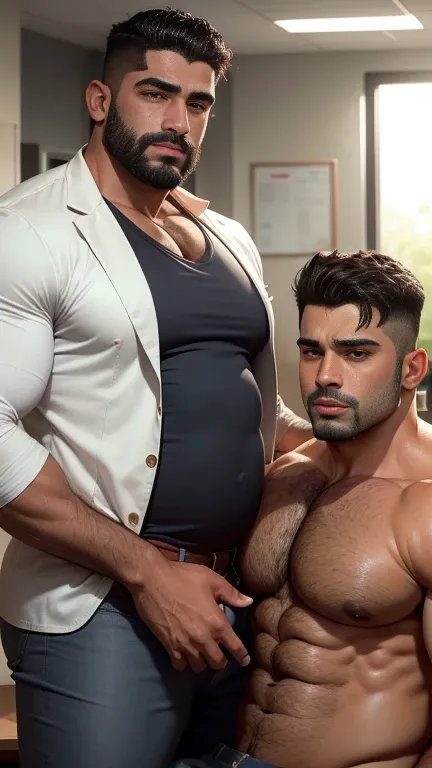 Indian latino gay couple doing mouth to mouth kissing in medical office, plump muscular men, chubby muscular attractive men, one man is overweight, male art, gay, overweight weightlifter body, chubby body, big belly muscle, soft undefined abdominals, round...